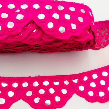 Fuchsia Pink Mirror Trim, Kutch Embroidered Navratri Garba Dress Trim Bridal Lace, Indian Sari Border 40 mm Wide Trim Per Yard